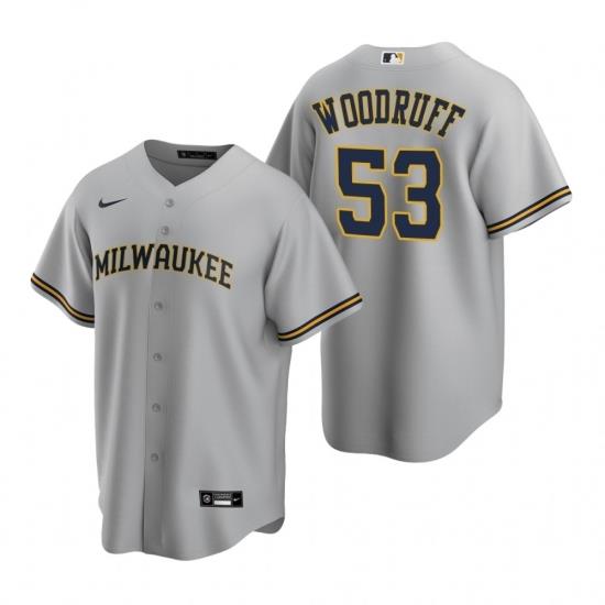 Mens Nike MilWaukee BreWers 53 Brandon Woodruff Gray Road Stitched Baseball Jersey