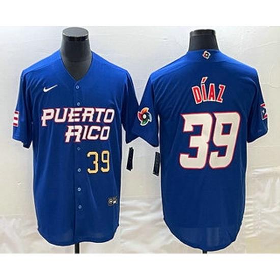 Men's Puerto Rico Baseball #39 EdWin Diaz Number 2023 Blue World Baseball Classic Stitched Jersey