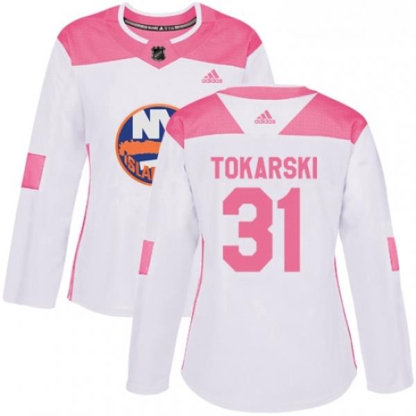 Womens Adidas New York Islanders 31 Dustin Tokarski Authentic White Pink Fashion NHL Jersey