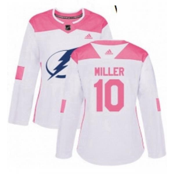Womens Adidas Tampa Bay Lightning 10 JT Miller Authentic White Pink Fashion NHL Jersey