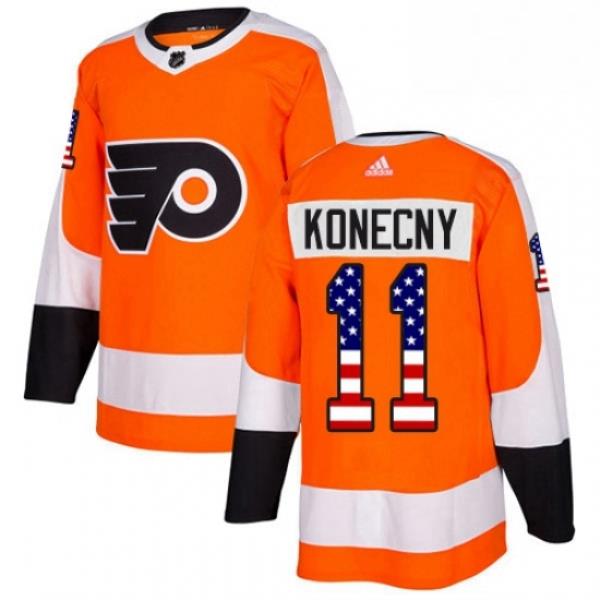 Mens Adidas Philadelphia Flyers 11 Travis Konecny Authentic Orange USA Flag Fashion NHL Jersey