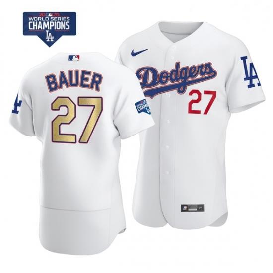 Women Los Angeles Dodgers Trevor Bauer 27 Gold Program Designed Edition White Flex Base Stitched Jersey