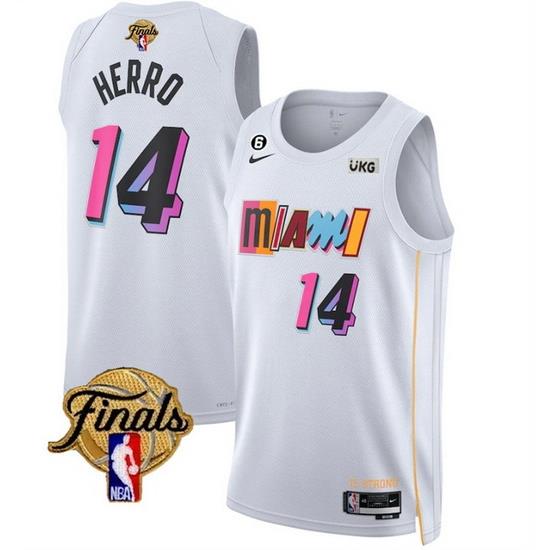 Men Miami Heat 14 Tyler Herro White 2023 Finals City Edition With NO 6 Patch Stitched Basketball Jersey