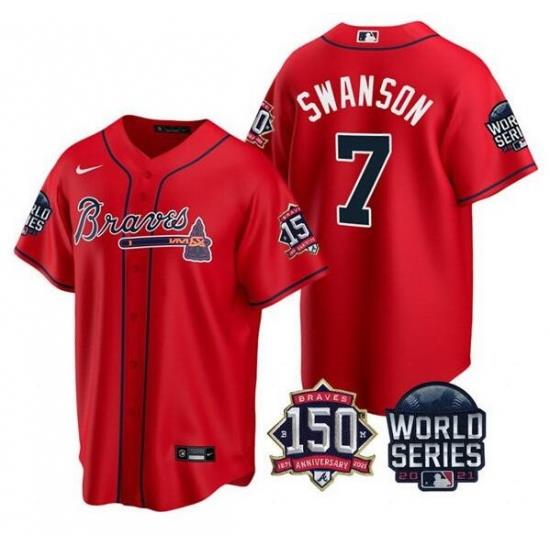 Men Atlanta Braves 7 Dansby SWanson 2021 Red World Series With 150th Anniversary Patch Cool Base Stitched Jersey