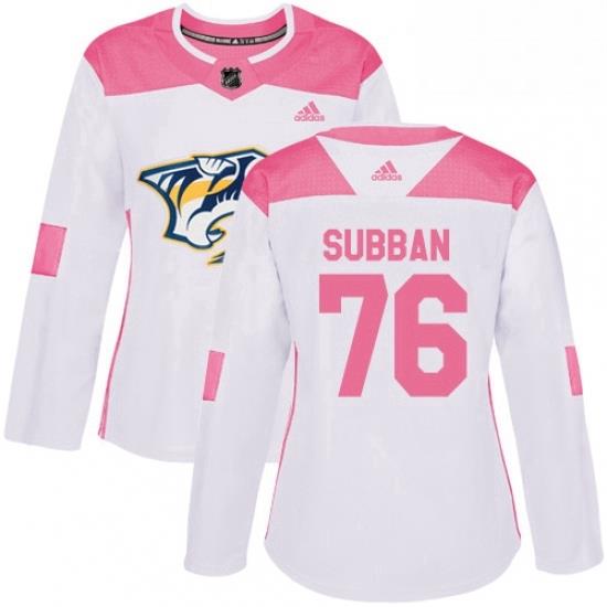 Womens Adidas Nashville Predators 76 PK Subban Authentic WhitePink Fashion NHL Jersey
