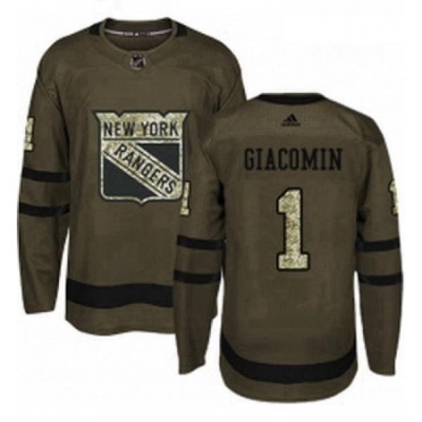 Youth Adidas New York Rangers 1 Eddie Giacomin Premier Green Salute to Service NHL Jersey