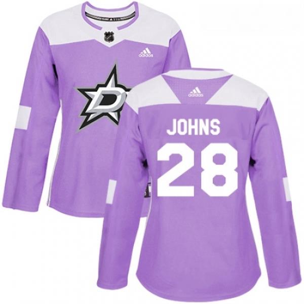 Womens Adidas Dallas Stars 28 Stephen Johns Authentic Purple Fights Cancer Practice NHL Jersey