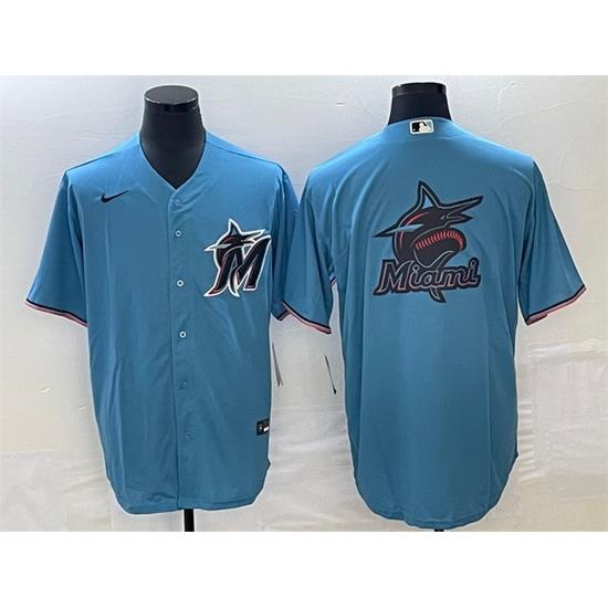 Men Miami Marlins Blue Team Big Logo Cool Base Stitched Baseball Jersey