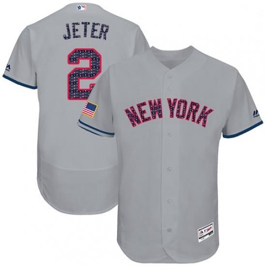 Mens Majestic New York Yankees 2 Derek Jeter Grey Stars Stripes Authentic Collection Flex Base MLB Jersey