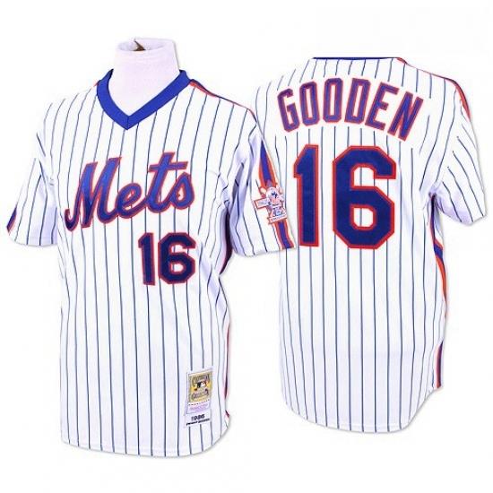 Mens Mitchell and Ness NeW York Mets 16 DWight Gooden Replica WhiteBlue Strip ThroWback MLB Jersey
