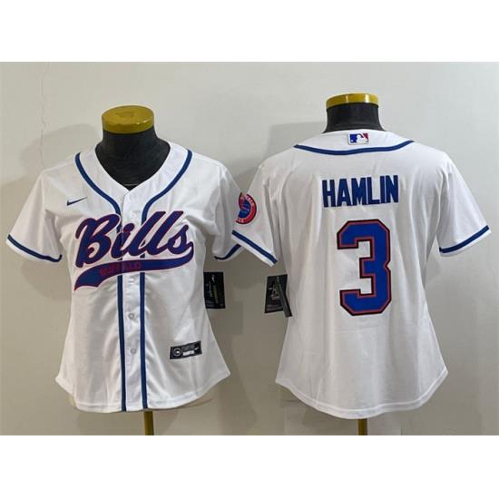 Women Buffalo Bills 3 Damar Hamlin White With Patch Cool Base Stitched Baseball Jersey
