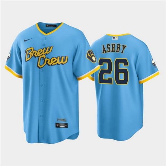 Men MilWaukee BreWers 26 Aaron Ashby 2022 PoWder Blue City Connect Cool Base Stitched Jersey