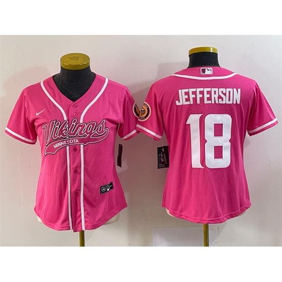 Women Minnesota Vikings 18 Justin Jefferson Pink With Patch Cool Base Stitched Baseball Jersey  Run Small