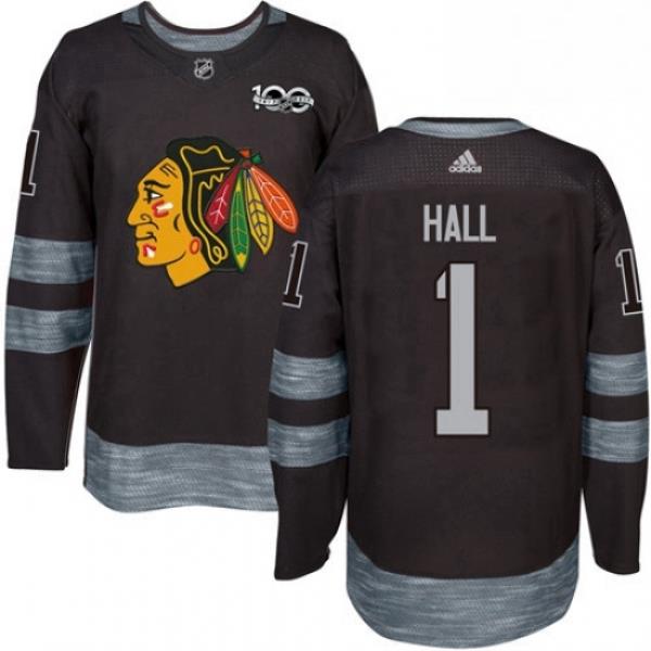 Mens Adidas Chicago Blackhawks 1 Glenn Hall Authentic Black 1917 2017 100th Anniversary NHL Jersey