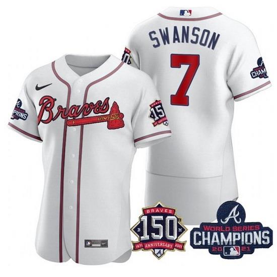 Men's White Atlanta Braves #7 Dansby Swanson 2021 World Series Champions With 150th Anniversary Flex Base Stitched Jersey