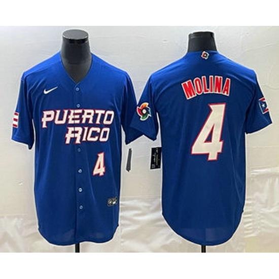 Men's Puerto Rico Baseball #4 Yadier Molina Number 2023 Blue World Baseball Classic Stitched Jersey