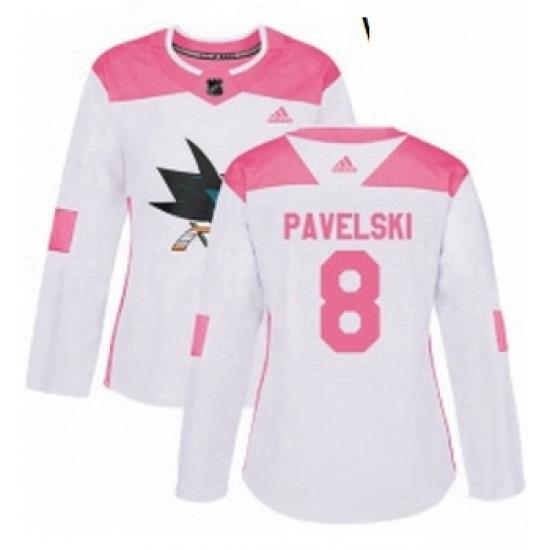 Womens Adidas San Jose Sharks 8 Joe Pavelski Authentic WhitePink Fashion NHL Jersey