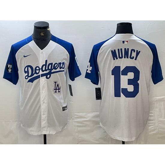 Men Los Angeles Dodgers 13 Max Muncy White Blue Vin Patch Cool Base Stitched Baseball Jersey 10