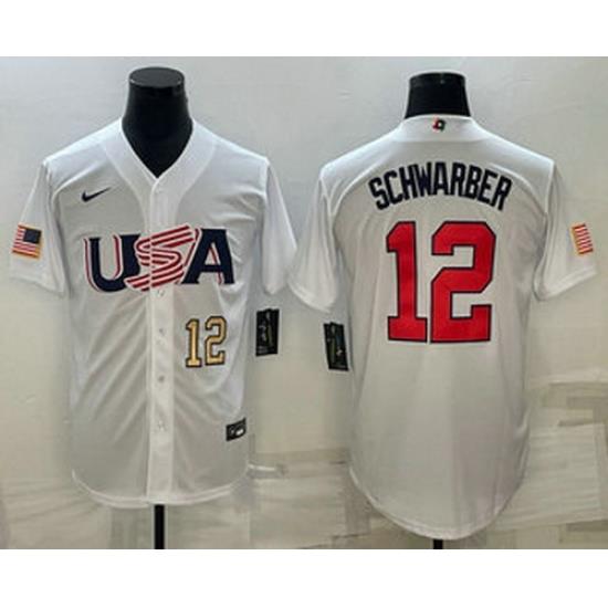Mens USA Baseball #12 Kyle SchWarber Number 2023 White World Baseball Classic Stitched Jersey