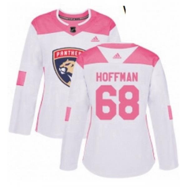 Womens Adidas Florida Panthers 68 Mike Hoffman Authentic White Pink Fashion NHL Jersey