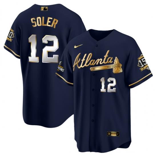 Men Atlanta Braves 12 Jorge Soler 2021 Navy Gold World Series Champions With 150th Anniversary Patch Cool Base Stitched Jersey