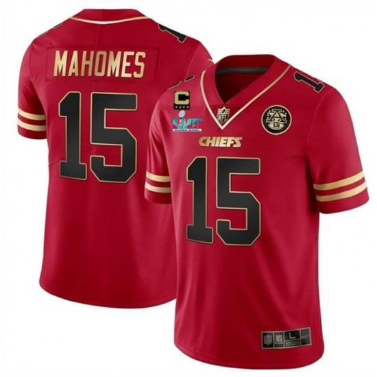 Men Kansas City Chiefs 15 Patrick Mahomes Red GoldSuper Bowl LVII Patch And 4 Star C Patch Vapor Untouchable Limited Stitched Jersey