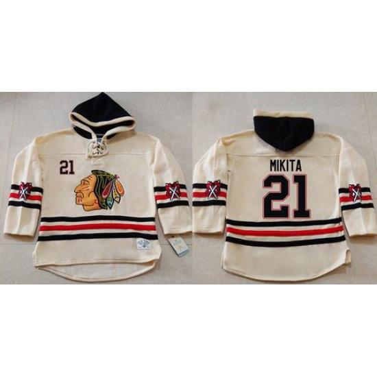 Men Chicago Blackhawks 21 Stan Mikita Cream Heavyweight Pullover Hoodie Stitched NHL Jersey