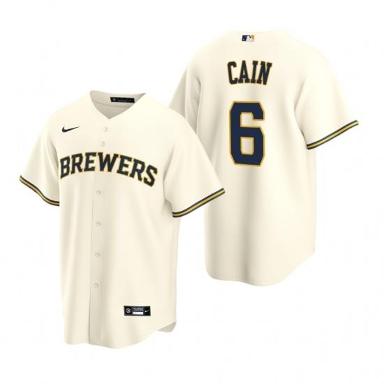 Mens Nike MilWaukee BreWers 6 Lorenzo Cain Cream Home Stitched Baseball Jersey