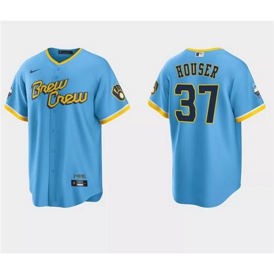 Men Milwaukee Brewers 37 Adrian Houser Powder Blue City Connect Cool Base Stitched Jersey