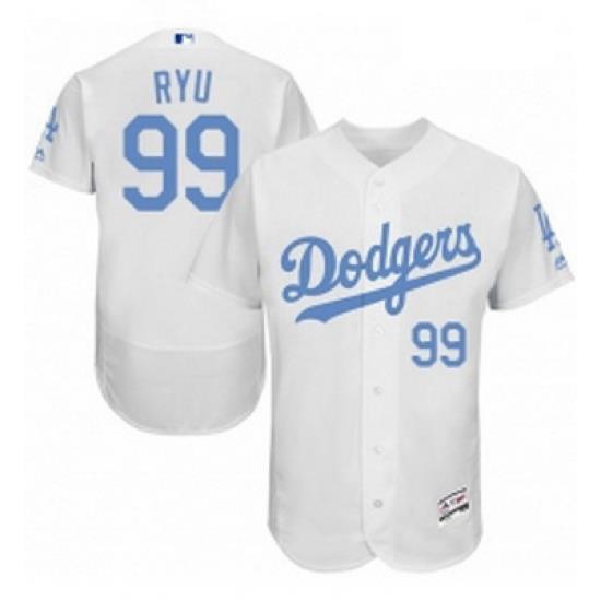 Mens Majestic Los Angeles Dodgers 99 Hyun Jin Ryu Authentic White 2016 Fathers Day Fashion Flex Base Jersey