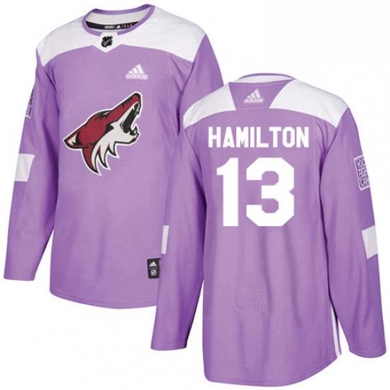 Mens Adidas Arizona Coyotes 13 Freddie Hamilton Authentic Purple Fights Cancer Practice NHL Jersey