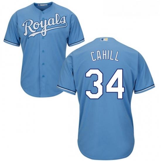 Youth Majestic Kansas City Royals 34 Trevor Cahill Authentic Light Blue Alternate 1 Cool Base MLB Jersey