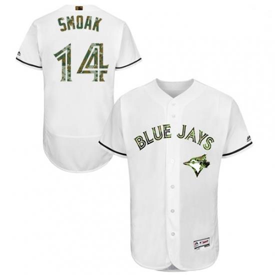 Mens Majestic Toronto Blue Jays 14 Justin Smoak Authentic White 2016 Memorial Day Fashion Flex Base Jersey