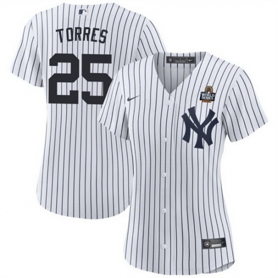 Women New York Yankees 25 Gleyber Torres White 2024 World Series Cool Base Stitched Baseball Jersey