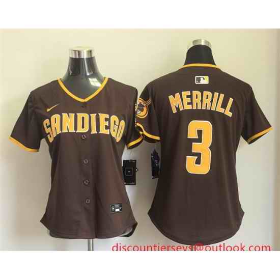 Women San Diego Padres 3 Jackson Merrill Brown Away Stitched Baseball Jersey