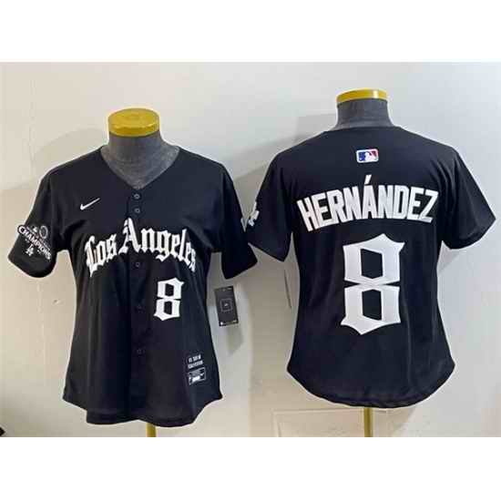 Women Los Angeles Dodgers 8 Enrique Hernandez Black 2025 World Series Champions LA Gothic Edition Limited Stitched Baseball Jersey