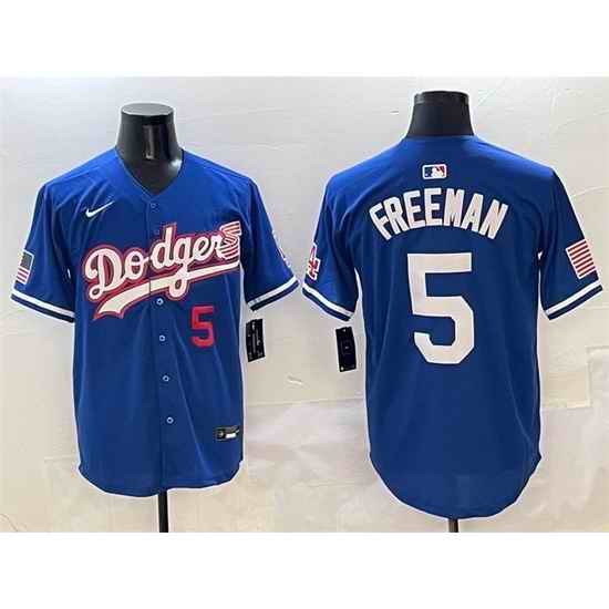 Men Los Angeles Dodgers 5 Freddie Freeman Royal With American Flag Patch Limited Stitched Baseball Jersey