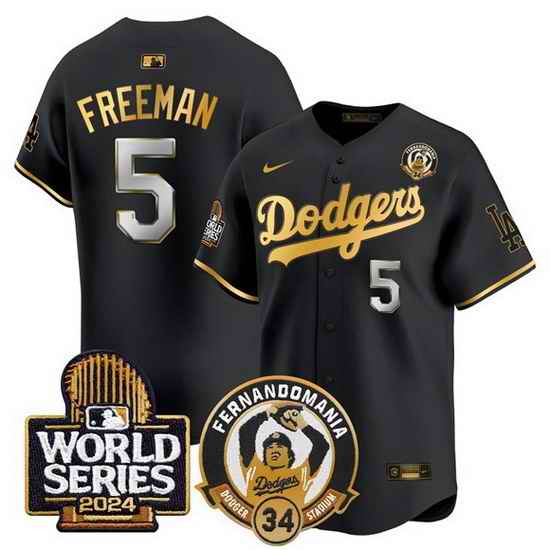 Men Los Angeles Dodgers  5 Freddie Freeman Black Gold Fernando Valenzuela   2024 World Series Patch Limited Stitched Baseball Jersey