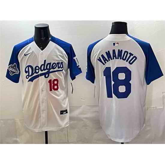 Men Los Angeles Dodgers 18 Yoshinobu Yamamoto White Royal 2025 World Series Champions Patch Limited Stitched Baseball Jersey