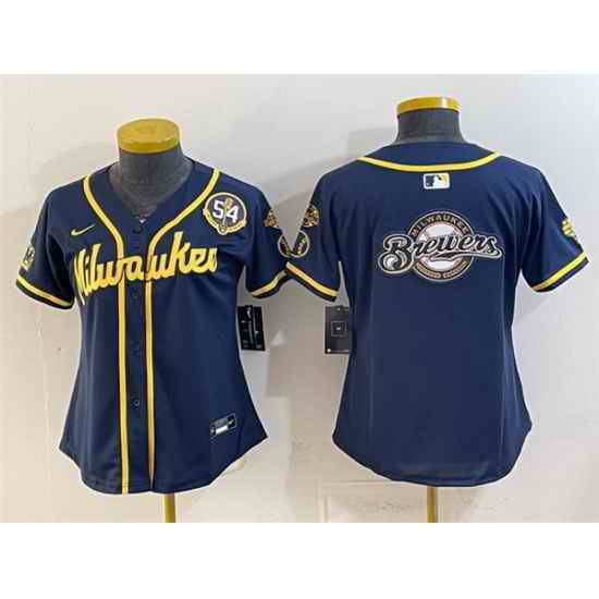 Women Milwaukee Brewers Team Big Logo Navy With Home  Bob Uecker Patch Limited Stitched Jersey