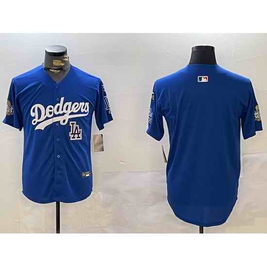 Men Los Angeles Dodgers Blank Blue 2024 World Series With No  34 Patch Home Limited Stitched Baseball Jersey