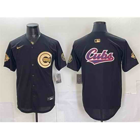 Men Chicago Cubs Team Big Logo Black Gold 150th Anniversary Patch Stitched Baseball Jersey