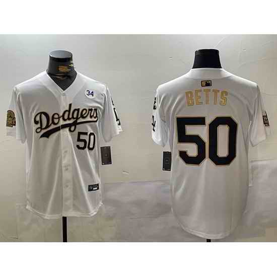 Men Los Angeles Dodgers 50 Mookie Betts White Gold 2024 World Series With Fernando Memorial Patch Limited Stitched Baseball Jersey 1