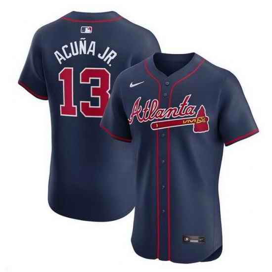 Men Atlanta Braves 13 Ronald Acuna Jr  Navy Alternate Elite Stitched Baseball Jersey