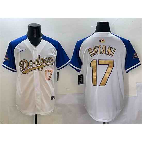 Men Los Angeles Dodgers 17 Shohei Ohtani White Royal Gold 2024 World Series Champions Vapor Limited Stitched Baseball Jersey 738