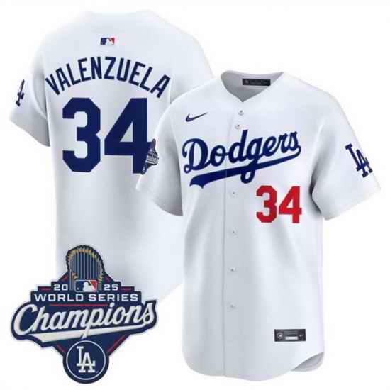 Men Los Angeles Dodgers 34 Fernando Valenzuela White 2025 World Series Champions Patch Home Limited Stitched Baseball Jersey
