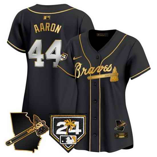 Women Atlanta Braves 44 Hank Aaron Black Gold 2024 Spring Training  26 Georgia Patch Vapor Limited Stitched Baseball Jersey