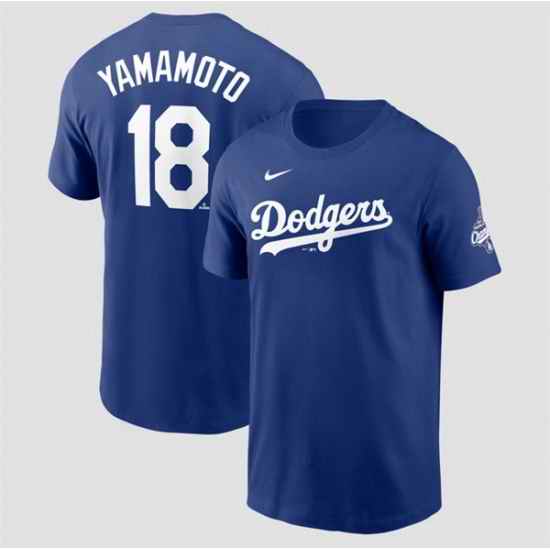 Men Los Angeles Dodgers 18 Yoshinobu Yamamoto Royal 2025 World Series Champions Name  26 Number T Shirt