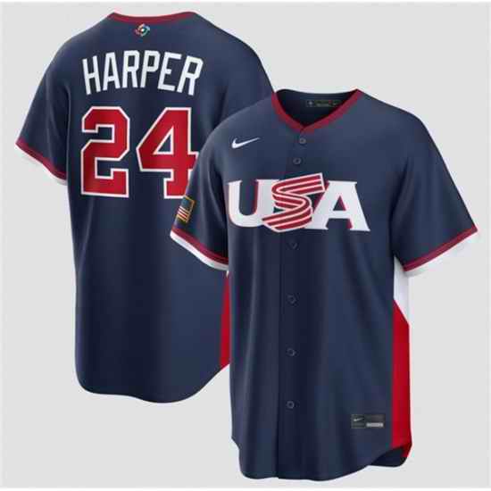 Men USA Baseball  24 Bryce Harper Navy 2026 World Baseball Classic Road Stadium Stitched Jersey