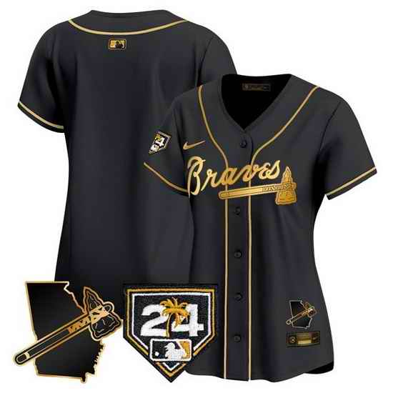 Women Atlanta Braves Blank Black Gold 2024 Spring Training  26 Georgia Patch Vapor Limited Stitched Baseball Jersey